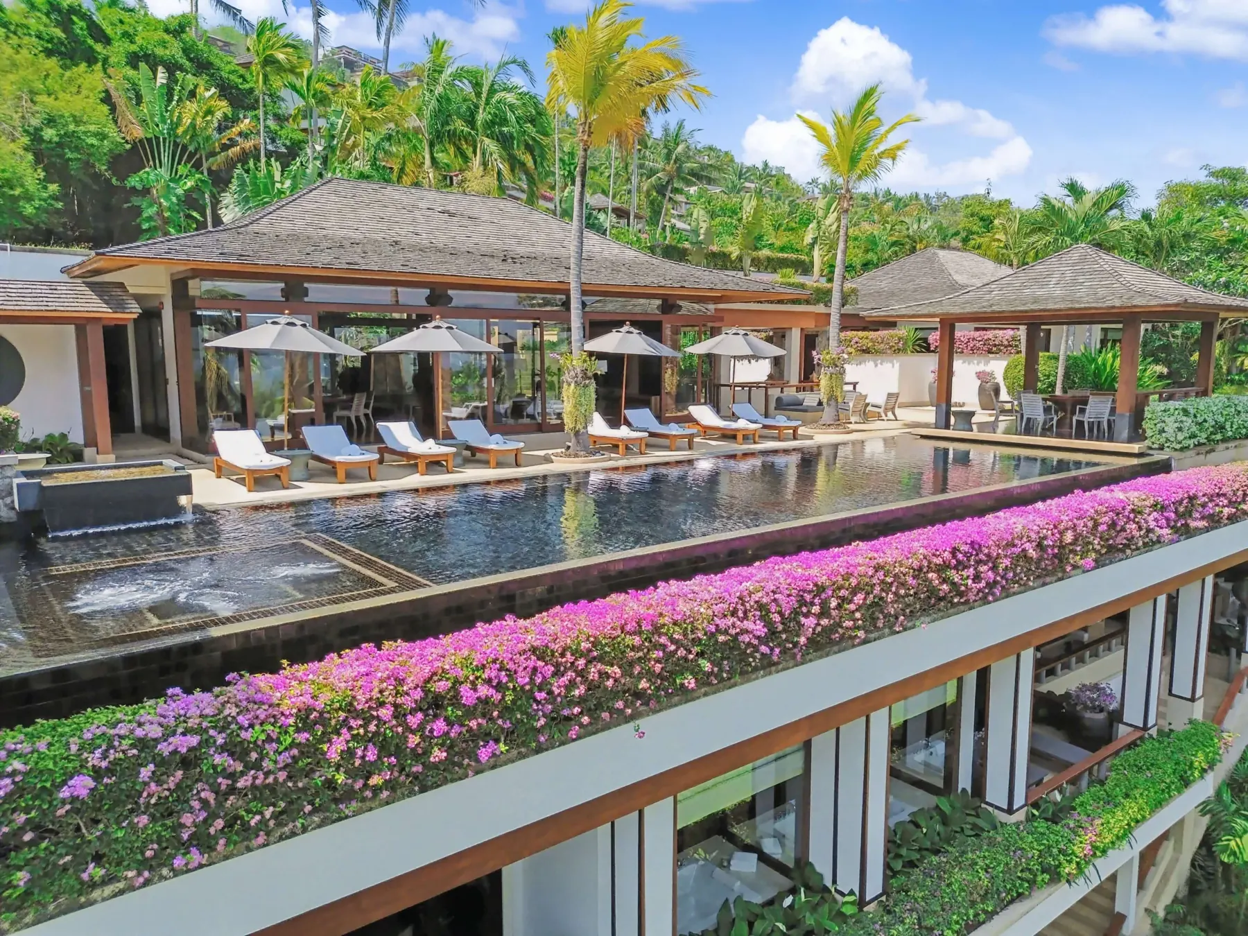 Aerial view of the pool terrace and flowering garden terraces