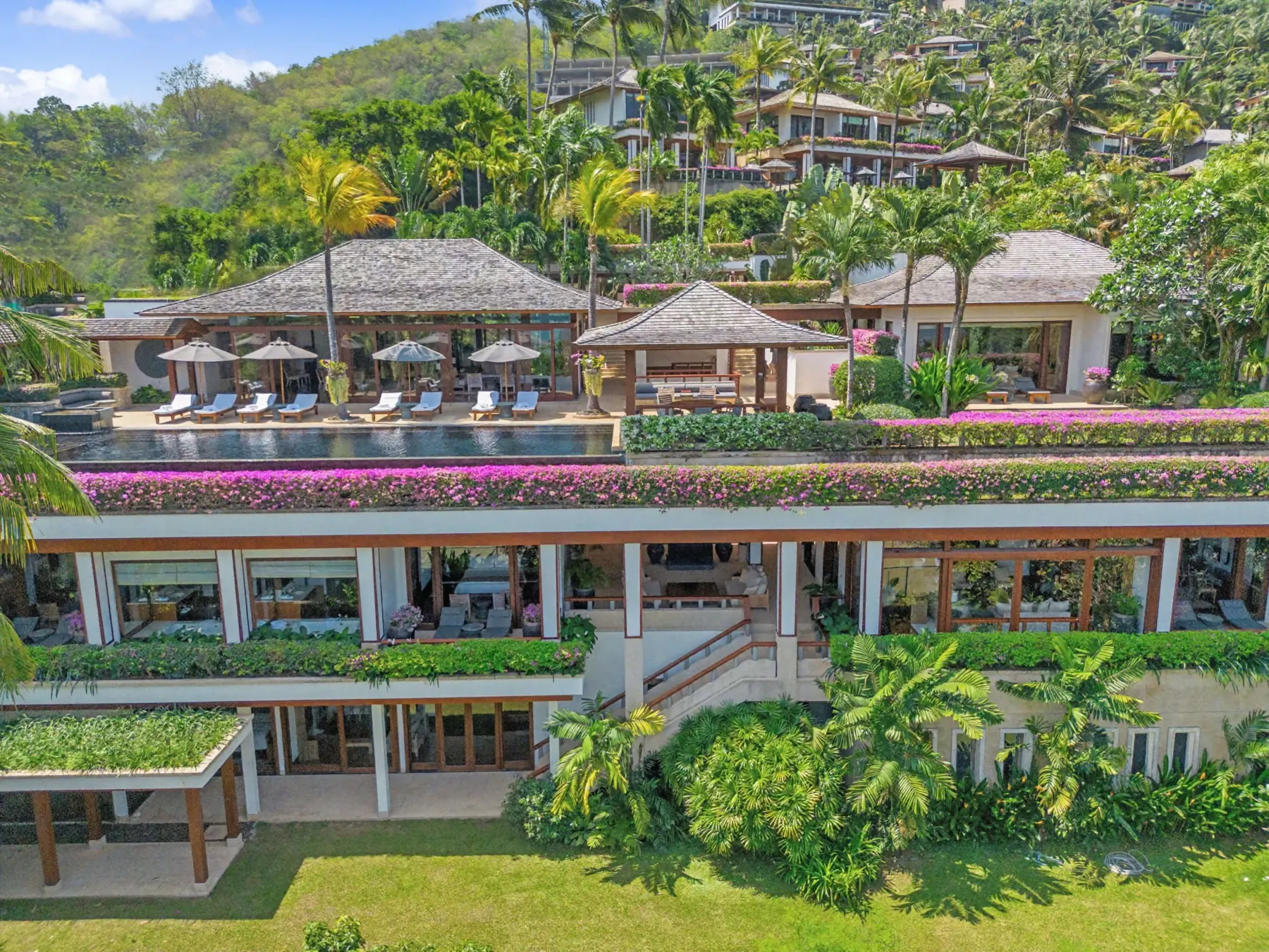 Aerial view of Villa Chanjar terraced into the Kamala hillside
